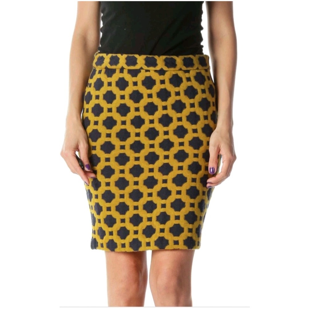 Charlie & Robin Quilted Tile Pencil‎ Skirt Gold Navy Geo Wool Anthropologie Sz 6
